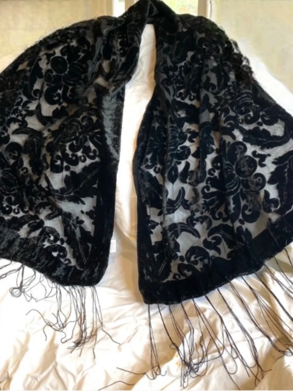 Gorgeous Black Velvet Scarf, Semi Sheer, Burn out, Fringed, Piano Scarf, Damask